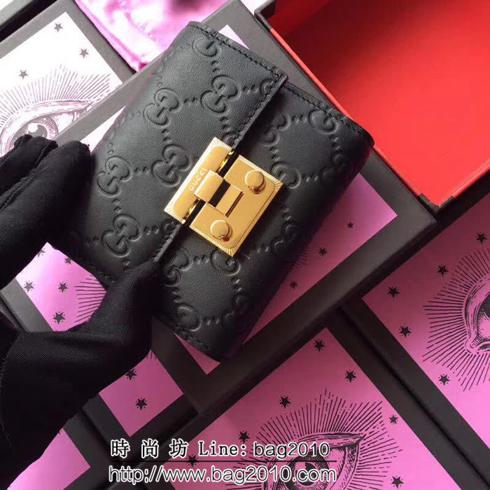 GUCCI古馳 歐洲正品原單 padlock系列 最新款短皮夾 453155 黑色壓花全皮 WTG1194